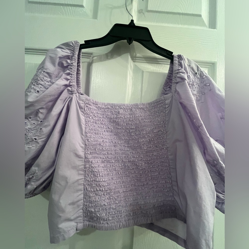 H&M Puff-sleeved Eyelet Embroidered Crop Lilac Cotton Poplin Top - Picture 7 of 10